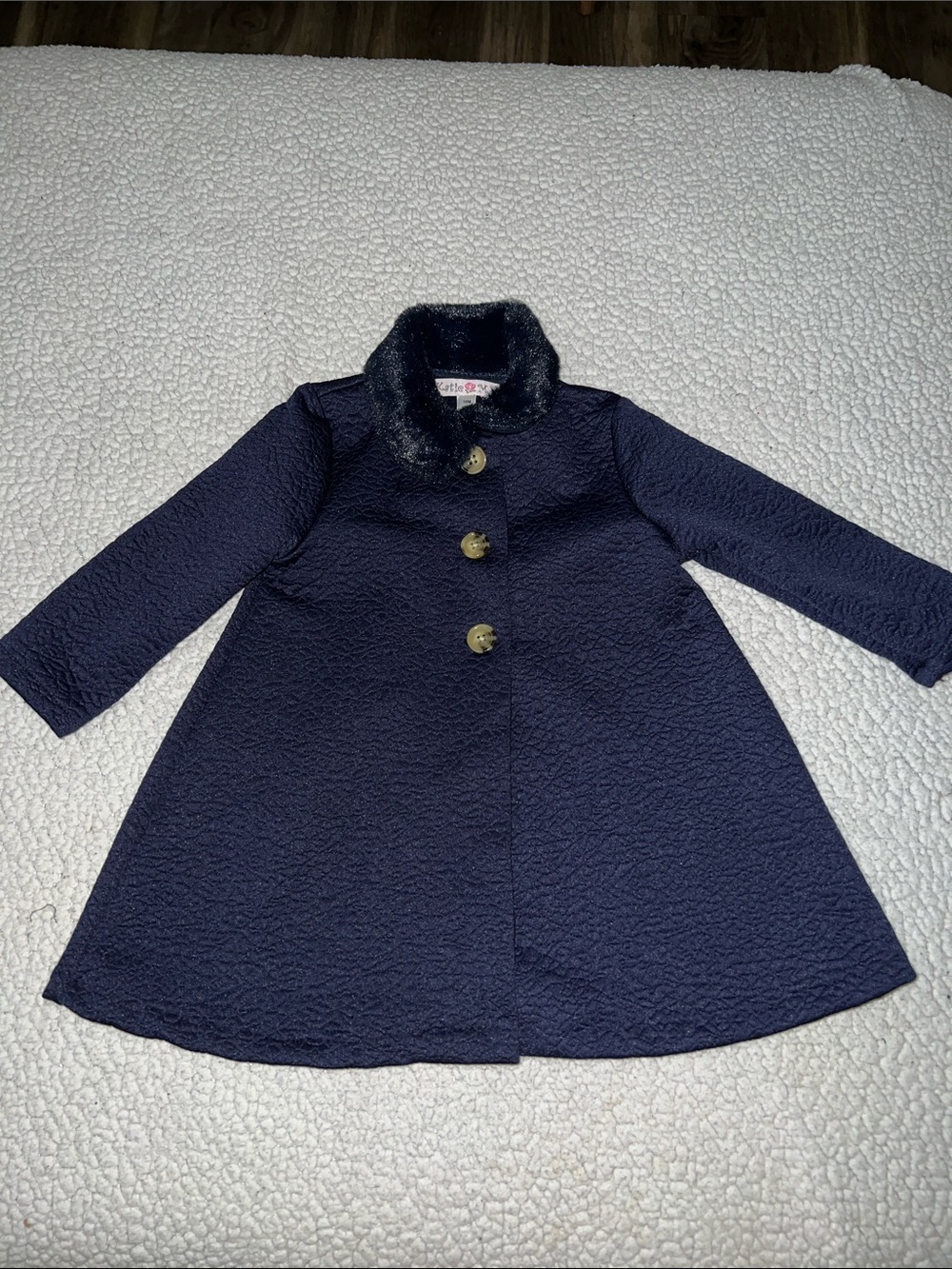 Katie May Girls Navy Textured Pea Coat with Faux Fur Collar